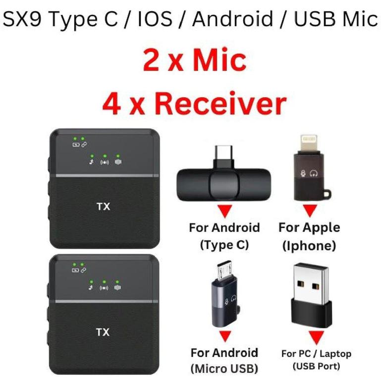 Wireless Microphone for Type C, iOS, Android, USB, and AUX 3.5mm - Models K8, K9, K13, SX8, SX9, K15, K35, M15 (Single/Double) for Interviews, Vlogging, and Podcasts - 3