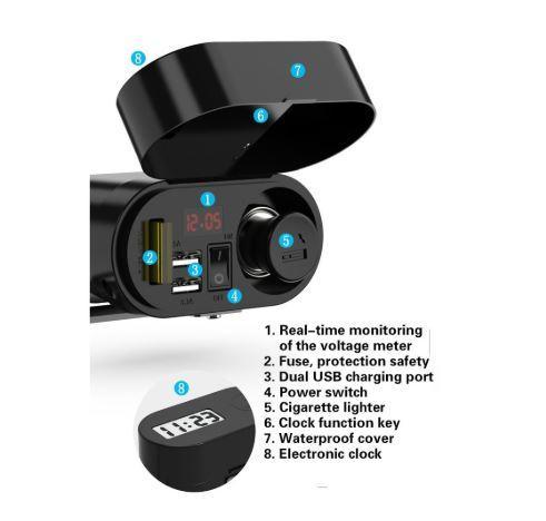 Multi Function 4 in 1 Waterproof Motorcycle Bike USB Mobile Charger + Lighter with Voltmeter time Clock dual port - 3