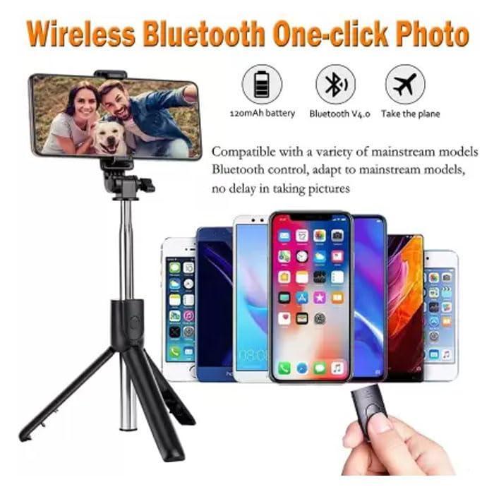Premium 100% Original Best 4 in 1 Wireless Selfie Stick R1S (With Light ) R1 (Without Light) Tripod with Bluetooth Shutter selfie Light foldable Selfie stick for all Phone Extendable 70CM - 3