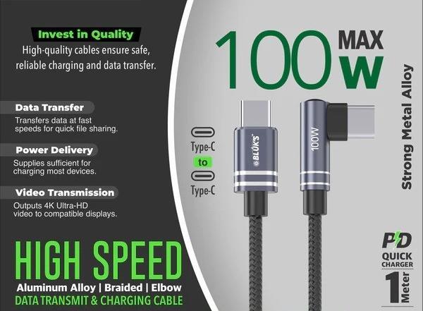 100W (PD) Max Fast Charging Cable Type-C to Type-C Aluminum Alloy | Braided | Elbow Design 1-meter Data Transfer Compatible with Laptops & Phones - 2
