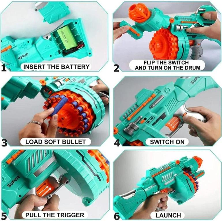 BLAST Super Gun - Automatic Soft Bullet Toy with Rotating Drum, 40 EVA Foam Bullets, Battery Operated for Indoor and Outdoor Play - 16