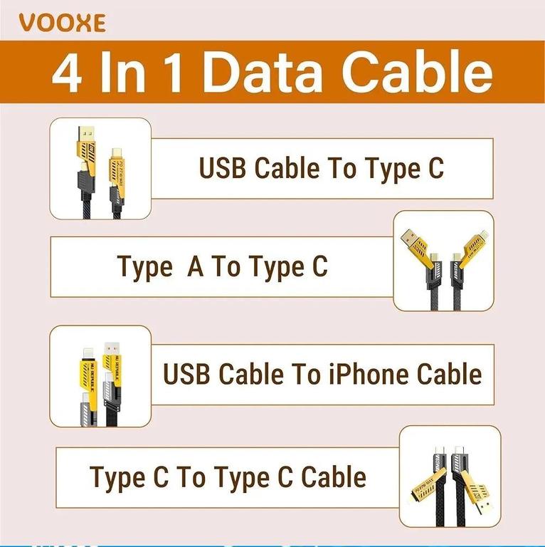 4 in 1 65W Fast Charging Cable, 65W Type C, 27W SuperFast Charging, Multi-function SuperVooc Data Cable, Iphone to USB & Ctype, Ctype to Ctype & USB, PD Charging Cable for Iphone, MacBook and for all Smart Phone - 7