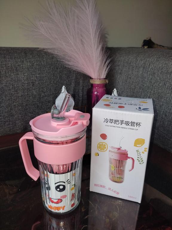 580ML Stripe Glass Tumbler with Lid and Straw Drinking Glass Water Bottle Leakproof 2-in-1 Sip and Flip Straw Lid. - 2