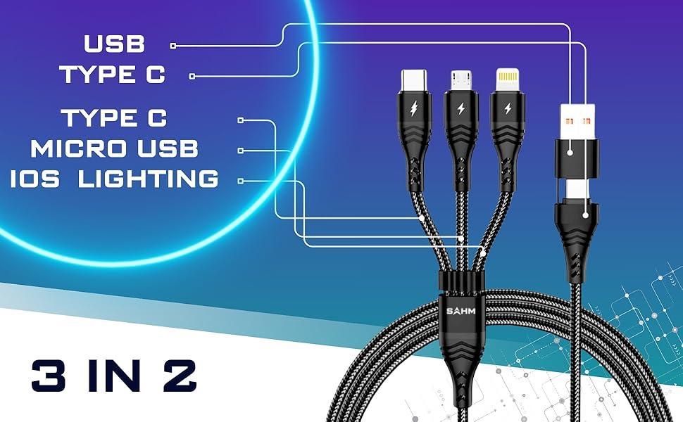3 in 2 Fast Charger Cable 3.1A 65W Type-C, Micro USB, iPhone Durable Braided Wire Lightning Micro Type C - 1
