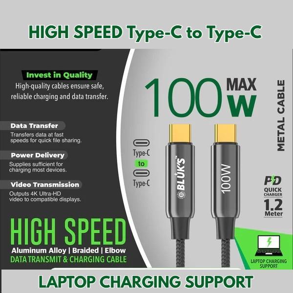 100W PD Type-C to Type-C cable Export Quality Sync & Charging Cable Aluminum Alloy | Braided 1.2meter length Type C Fast Charging Cable Compatible with iPhone 16/16 Plus/16 Pro Max/iPhone 16e, iPhone 15 Series, Galaxy S25/S24/S23/S22, MacBook, iPad, Pixel - 1