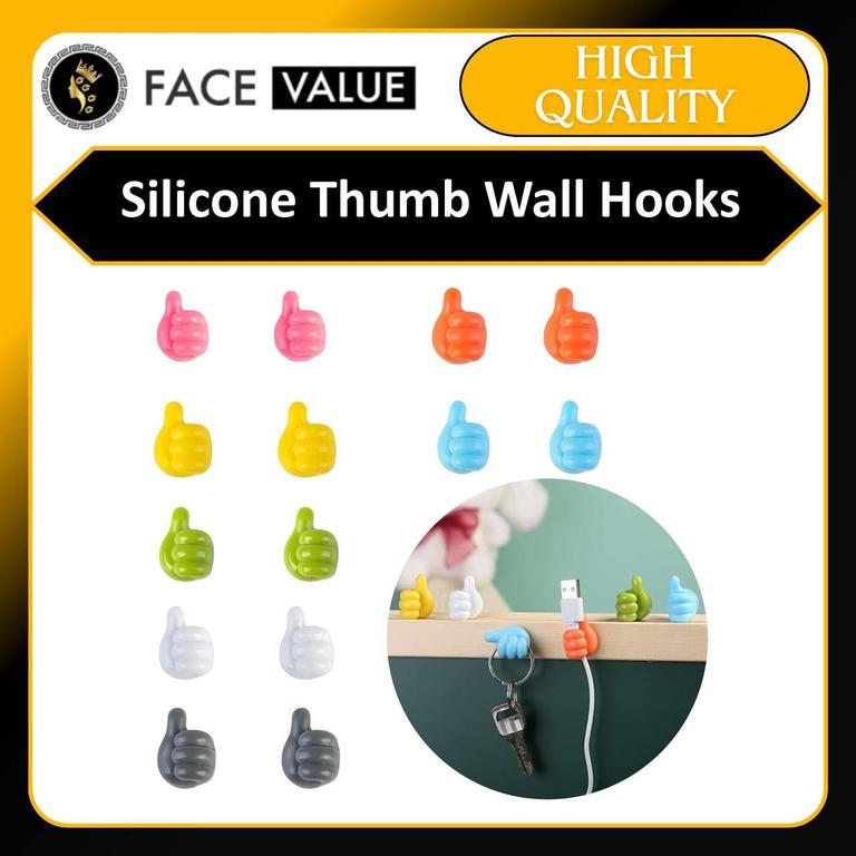 Face Value Silicone Thumb Wall Hooks - Multi-Function Self-Adhesive Cable Organizer and Key Hook Wall Hangers - 1