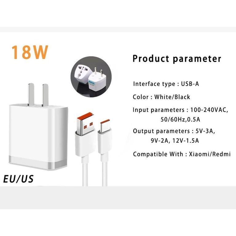 XIAOMI 18W US Fast Charger with Quick Charging Adapter and TYPE C Cable for Mi 9, 8, SE, 6, 5, 9T, A1, A2, Mix F1, Redmi Note 7, 8, K20 Pro - 1