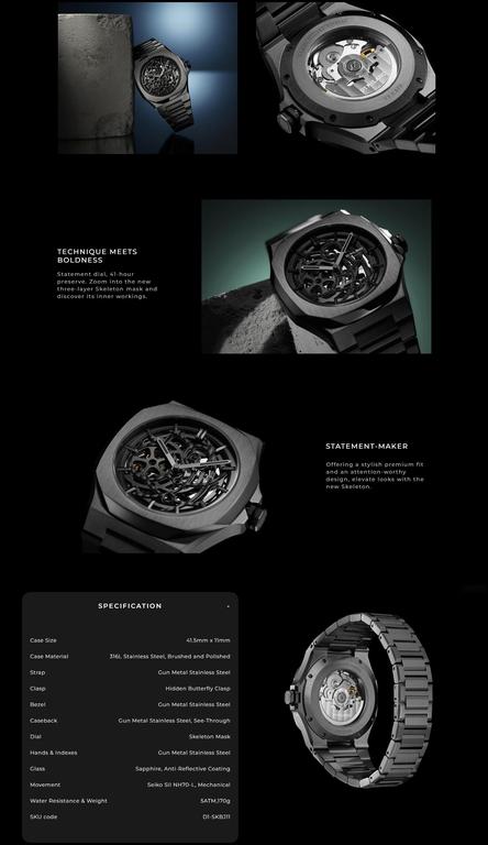 D1 Milano Automatic Men's Watch with Black Skleton Dial - Model D1-SKBJ04 - 1