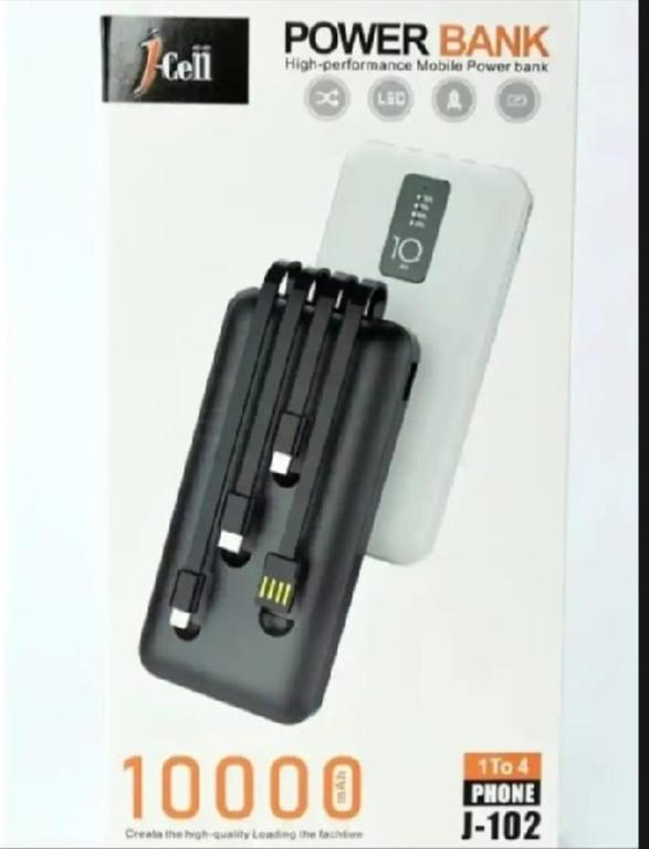 J-Cell 10000mAh Power Bank - Fast Charging with Built-in Cables for iPhone and Android - Portable Universal Charger - 3
