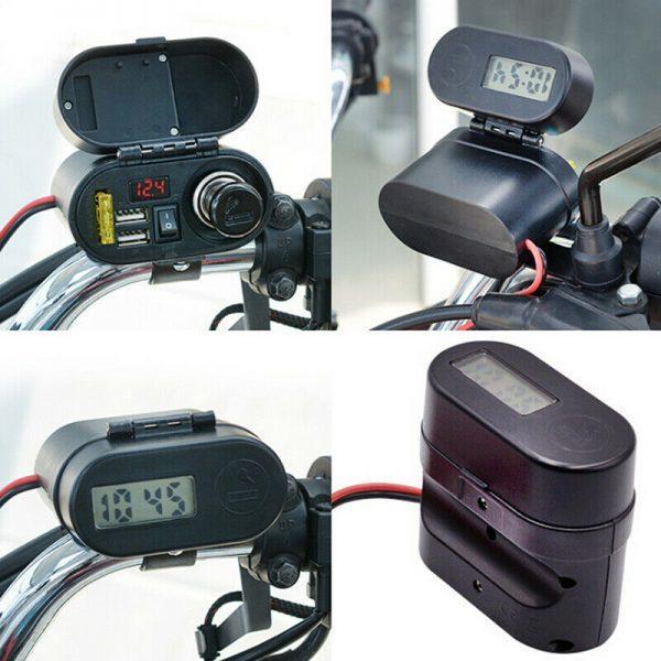 Multi Function 4 in 1 Waterproof Motorcycle Bike USB Mobile Charger + Lighter with Voltmeter time Clock dual port - 1
