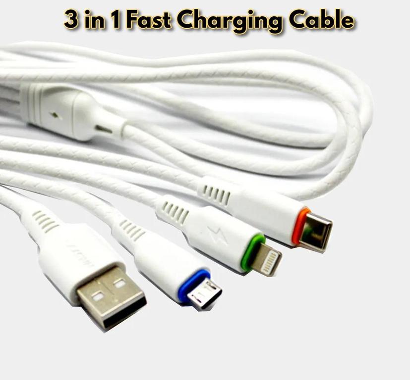 3 in 1 Multi Fast Charging Cable USB Data Cable 3 in1 Micro, Type C & Lightning 1.2mm Cable length 3.4A output for All Smartphones - 1