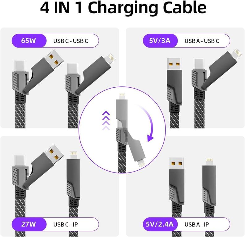 Multi USB Cable 4 in 1 Universal 1m Multiple USB Charger Cable, Nylon Fast Charging Cable with USB A/USB C to Type C/27W PD Compatible with iPhone Samsung Galaxy Macbook iPad - 3