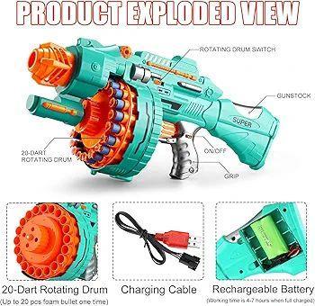 BLAST Super Gun - Automatic Soft Bullet Toy with Rotating Drum, 40 EVA Foam Bullets, Battery Operated for Indoor and Outdoor Play - 4