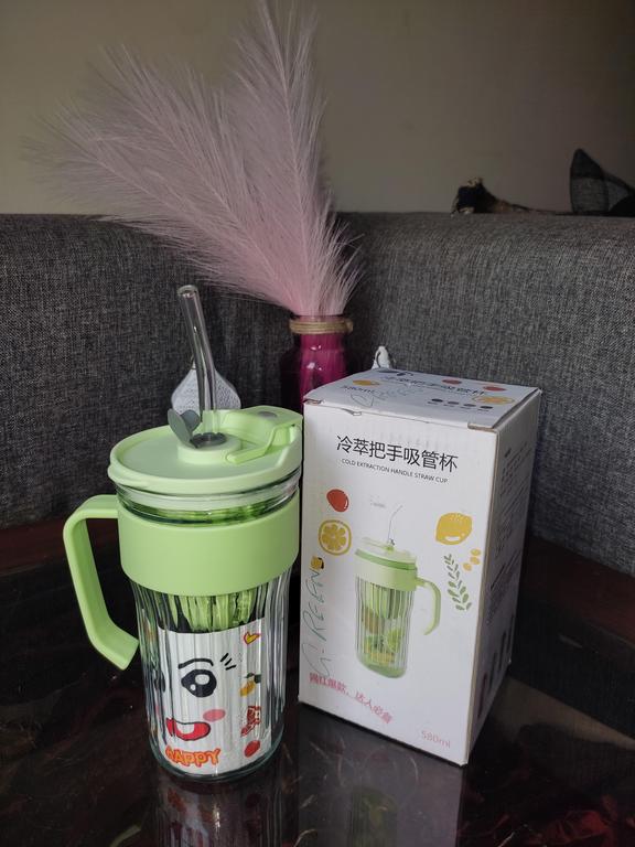 580ML Stripe Glass Tumbler with Lid and Straw Drinking Glass Water Bottle Leakproof 2-in-1 Sip and Flip Straw Lid. - 1