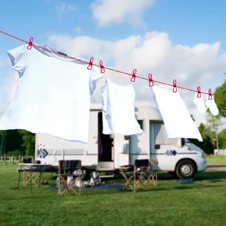 Portable Drying Rope with 12 Clips and 2 Hooks - Multi-Functional Travel Clothesline - 1