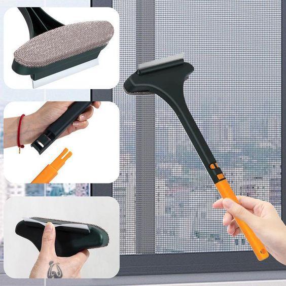 Window Net Screen Cleaner Brush with Long Handle – 2-in-1 Soft Bristle and Rubber Blade Cleaning Tool for Mesh, Glass, Windows, Doors, and AC Vents – Easy Dust & Dirt Removal for Home Use - 2