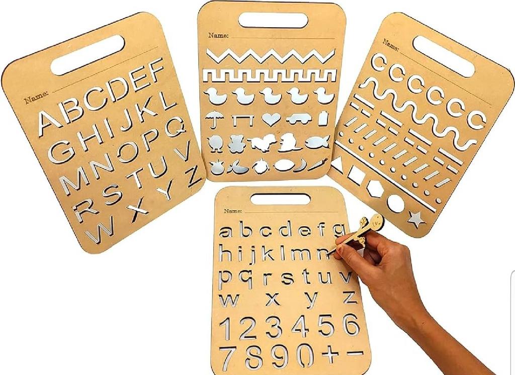Set of 4 Montessori Wooden Stencil Boards for Tracing Letters Shapes Set of 4 Montessori Wooden Stencil Boards for Tracing Letters Shapes