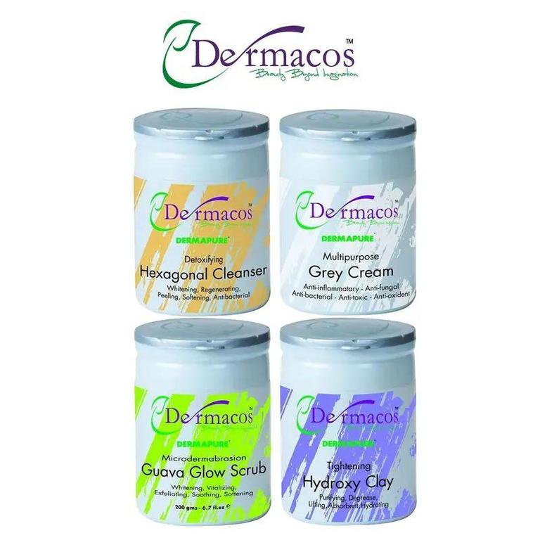 Dermacos Facial Jars Set Combination-3 (200ml Each) - 4 Pack Including Hexagonal Cleanser, Grey Cream, Guava Glow Scrub, Hydroxy Clay for All Skin Types - 1