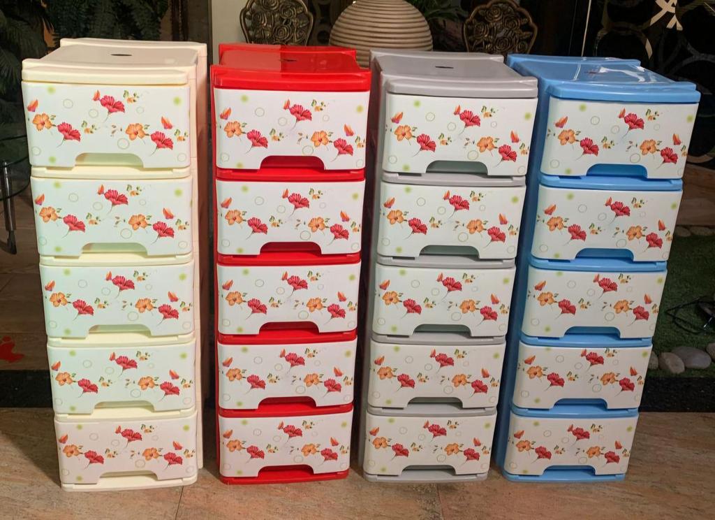 Plastic storage drawers in use