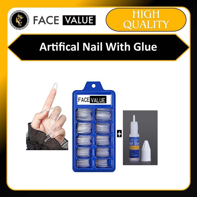 Face Value 100-Piece Transparent Artificial Nails Set with Glue for Girls - 1