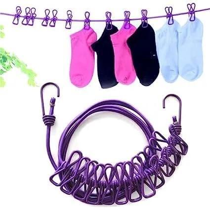 Portable Clothesline with 12 Clips and 2 Hooks for Travel and Drying - 3