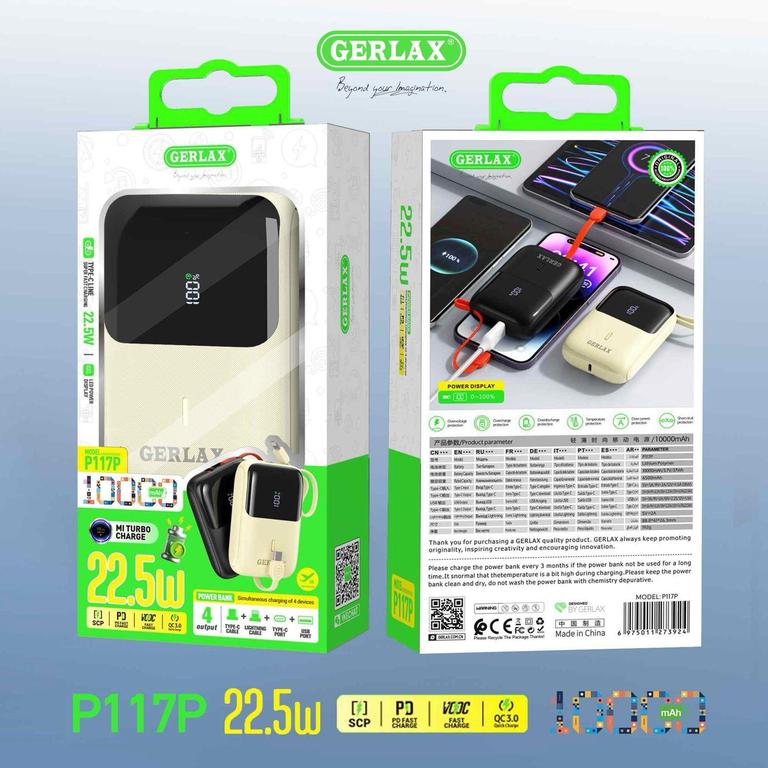 Gerlax 22.5W Pocket Size Power Bank with Dual Built-in Data Cables - 10000mAh Fast Charging - 1