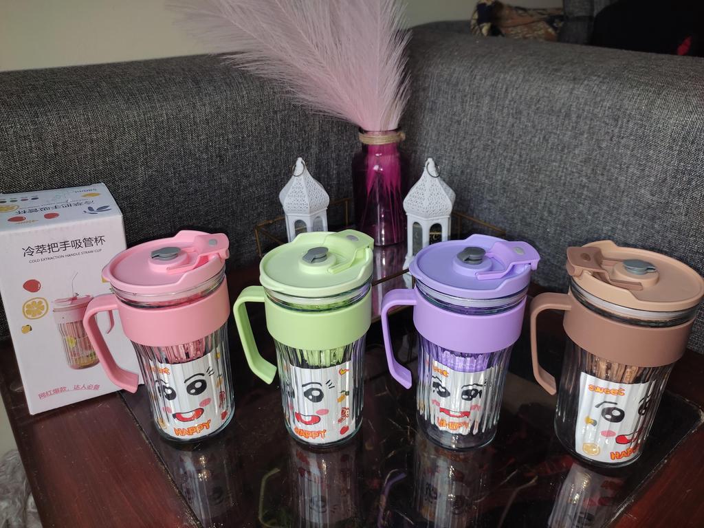 580ML Stripe Glass Tumbler with Lid and Straw Drinking Glass Water Bottle Leakproof 2-in-1 Sip and Flip Straw Lid. - 5